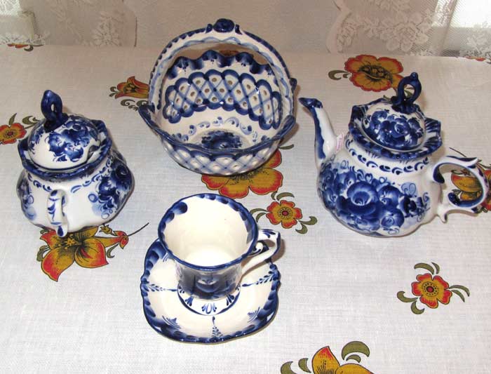 Gzhel style porcelain tea set