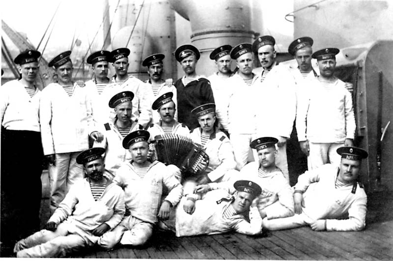Russian ship Vraiag and sailors in telnyashka