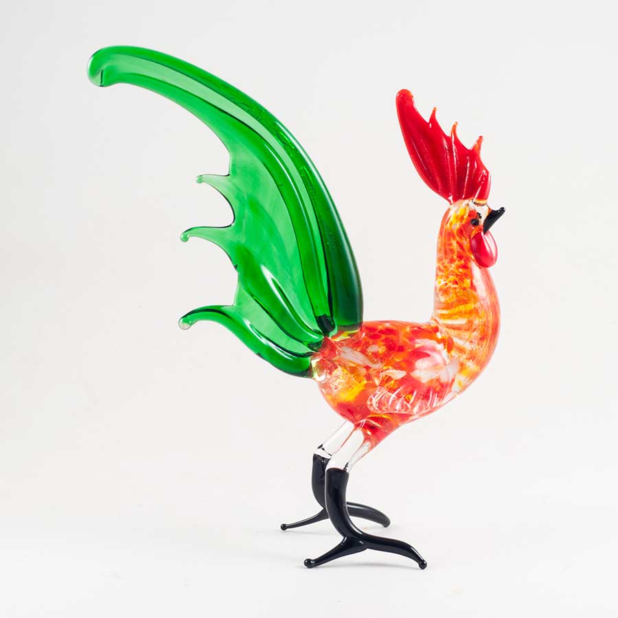 Green Tailed Glass Rooster in Glass Figurines Birds category